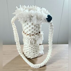 Macrame Bottle Holder With Shoulder Strap Beaded Ivory Boho Carrier 14 Inch
